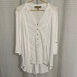 Democracy M Ivory Embroidered Crochet Lace Button Front Tab Sleeve High Low Top